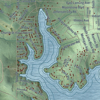 Close-up of the map of Horseshoe Bend, Arkansas print showing street and building detail
