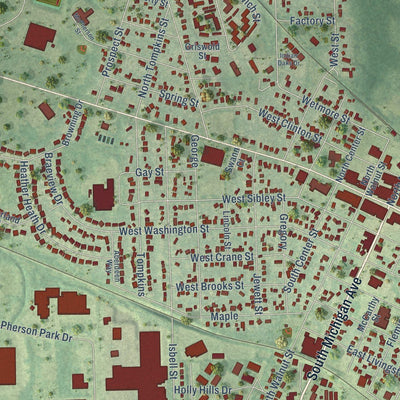 Close-up of the map of Howell, Michigan print showing street and building detail