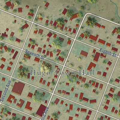 Close-up of the map of Hugo, Colorado print showing street and building detail