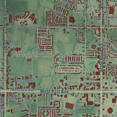 Close-up of the map of Merrillville, Indiana print showing street and building detail
