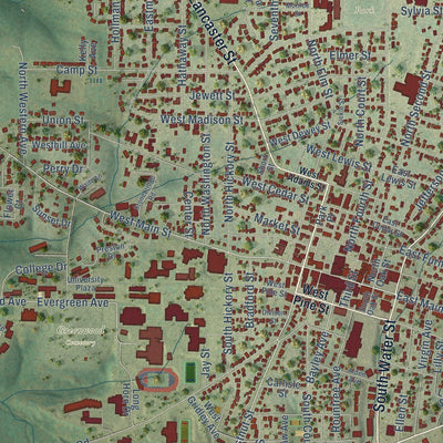 Close-up of the map of Platteville, Wisconsin print showing street and building detail