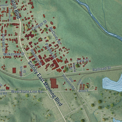 Close-up of the map of Flomaton, Alabama print showing street and building detail