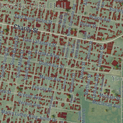 Close-up of the map of Abbeville, Louisiana print showing street and building detail