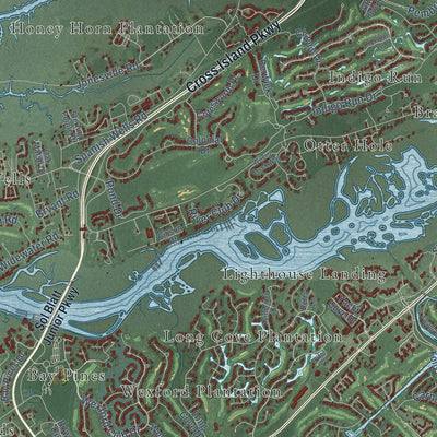Close-up of the map of Hilton Head Island, South Carolina print showing street and building detail