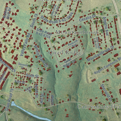 Close-up of the map of Valley Falls, South Carolina print showing street and building detail