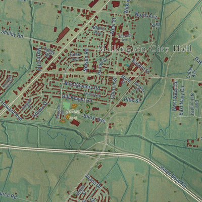 Close-up of the map of Millington, Tennessee print showing street and building detail