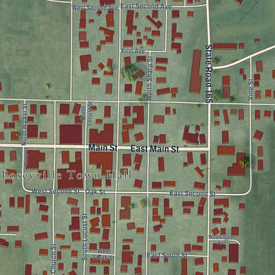 Close-up of the map of Poseyville, Indiana print showing street and building detail