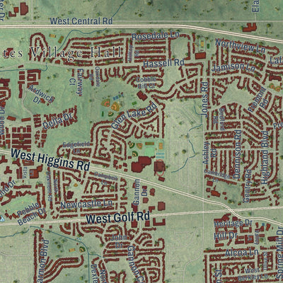 Close-up of the map of Hoffman Estates, Illinois print showing street and building detail