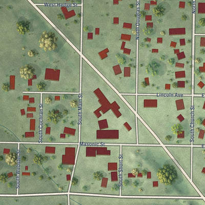 Close-up of the map of Owaneco, Illinois print showing street and building detail