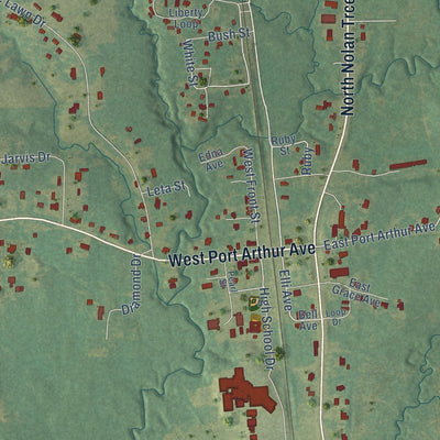 Close-up of the map of Florien, Louisiana print showing street and building detail