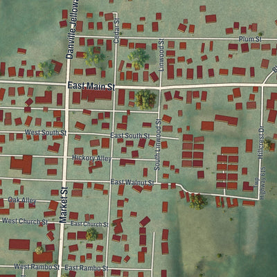 Close-up of the map of Danville, Ohio print showing street and building detail