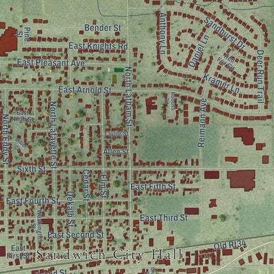 Close-up of the map of Sandwich, Illinois print showing street and building detail