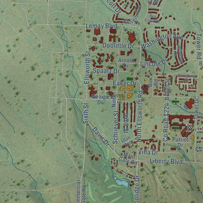 Close-up of the map of Box Elder, South Dakota print showing street and building detail