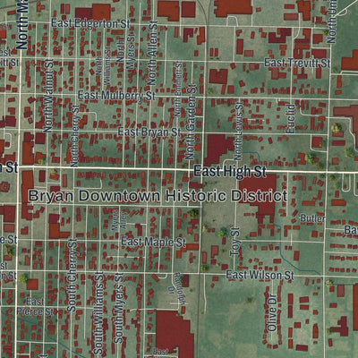 Close-up of the map of Bryan, Ohio print showing street and building detail
