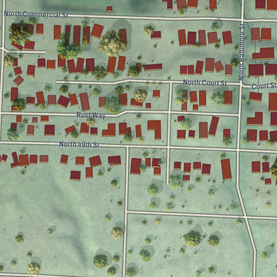 Close-up of the map of Ruston, Washington print showing street and building detail