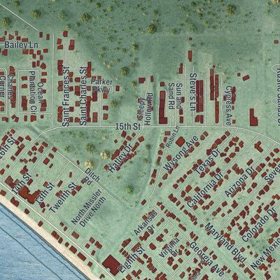 Close-up of the map of Mexico Beach, Florida print showing street and building detail