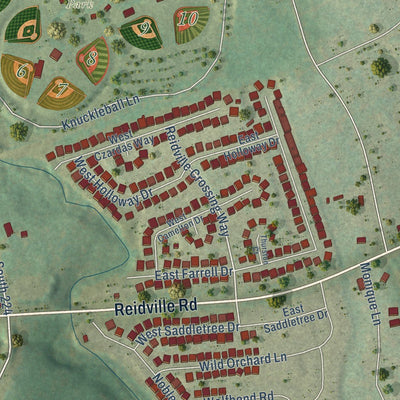 Close-up of the map of Reidville, South Carolina print showing street and building detail