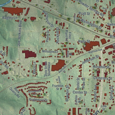 Close-up of the map of Austell, Georgia print showing street and building detail