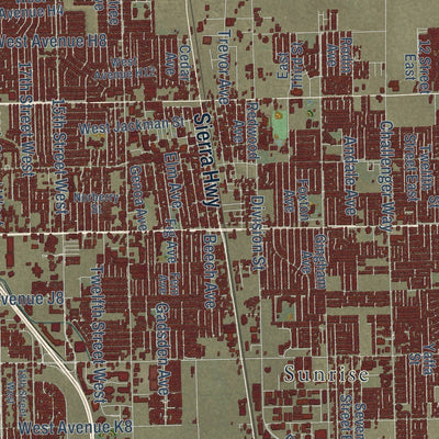 Close-up of the map of Lancaster, California print showing street and building detail
