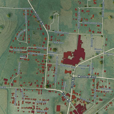 Close-up of the map of Bells, Tennessee print showing street and building detail
