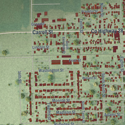 Close-up of the map of Pawnee, Illinois print showing street and building detail