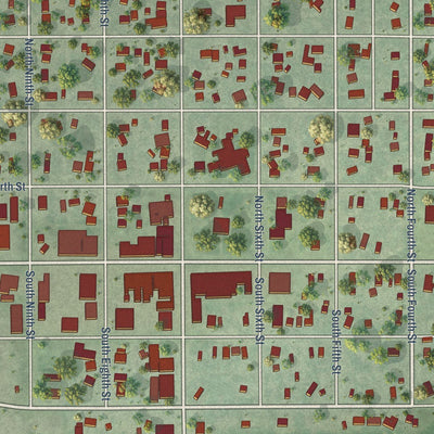 Close-up of the map of Loup City, Nebraska print showing street and building detail