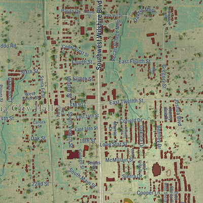 Close-up of the map of Joshua, Texas print showing street and building detail