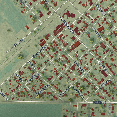 Close-up of the map of Heron Lake, Minnesota print showing street and building detail