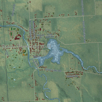 Close-up of the map of Burns, Michigan print showing street and building detail