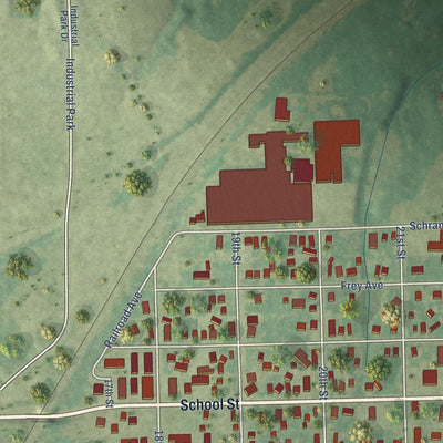 Close-up of the map of Schram City, Illinois print showing street and building detail