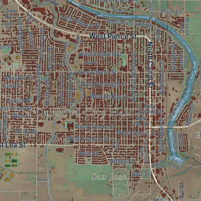 Close-up of the map of Carlsbad, New Mexico print showing street and building detail