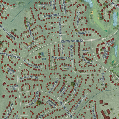 Close-up of the map of Wyndham, Virginia print showing street and building detail