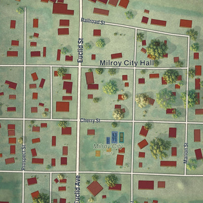 Close-up of the map of Milroy, Minnesota print showing street and building detail