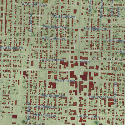 Close-up of the map of Monmouth, Illinois print showing street and building detail