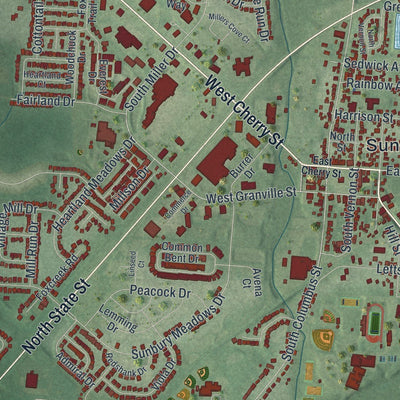 Close-up of the map of Sunbury, Ohio print showing street and building detail