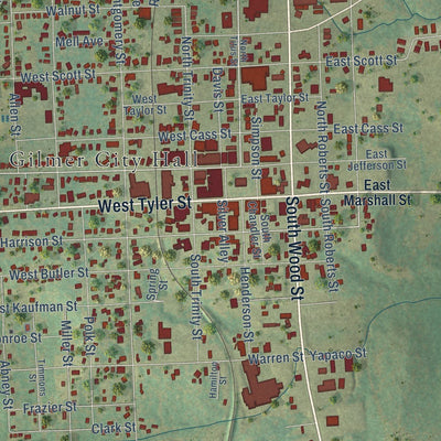 Close-up of the map of Gilmer, Texas print showing street and building detail