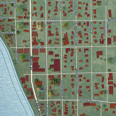 Close-up of the map of Lake City, Michigan print showing street and building detail
