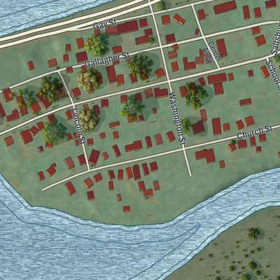 Close-up of the map of New Alexandria, Pennsylvania print showing street and building detail