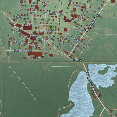 Close-up of the map of Stamps, Arkansas print showing street and building detail