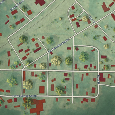 Close-up of the map of Akron, Alabama print showing street and building detail