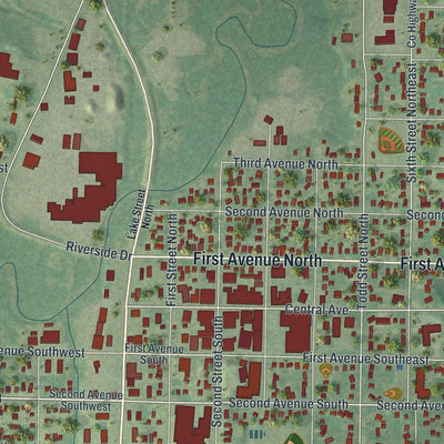 Close-up of the map of Long Prairie, Minnesota print showing street and building detail