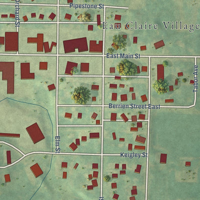 Close-up of the map of Eau Claire, Michigan print showing street and building detail