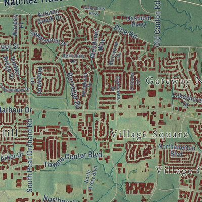 Close-up of the map of Ridgeland, Mississippi print showing street and building detail