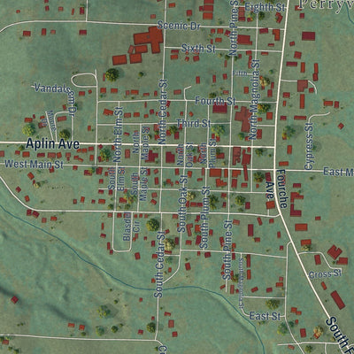 Close-up of the map of Perryville, Arkansas print showing street and building detail