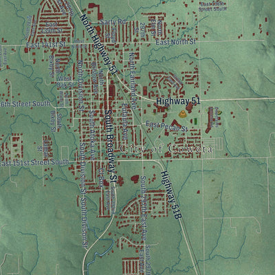 Close-up of the map of Coweta, Oklahoma print showing street and building detail