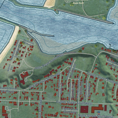 Close-up of the map of Bandon, Oregon print showing street and building detail