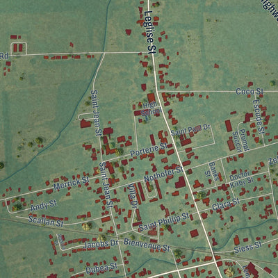 Close-up of the map of Mansura, Louisiana print showing street and building detail