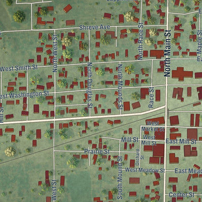 Close-up of the map of Wayne City, Illinois print showing street and building detail