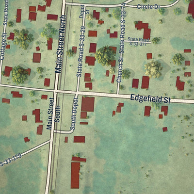 Close-up of the map of Plum Branch, South Carolina print showing street and building detail
