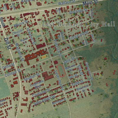 Close-up of the map of East Bernard, Texas print showing street and building detail